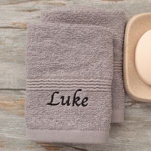 Embroidered Grey Face Cloths: Personalised Cotton Flannels, Skin Care Gift Set