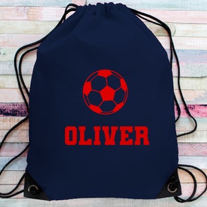 Personalised Drawstring PE Bag - Kids Name Swimming Football Gymbag School Sports Kit Soccer Football Print Nylon Rucksack Choice of Colour