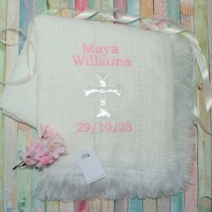 Personalised Baby Shawl Embroidered Christening Shawl Blanket with White Satin Cross Newborn Babies Naming or Dedication Day - Girls Gift