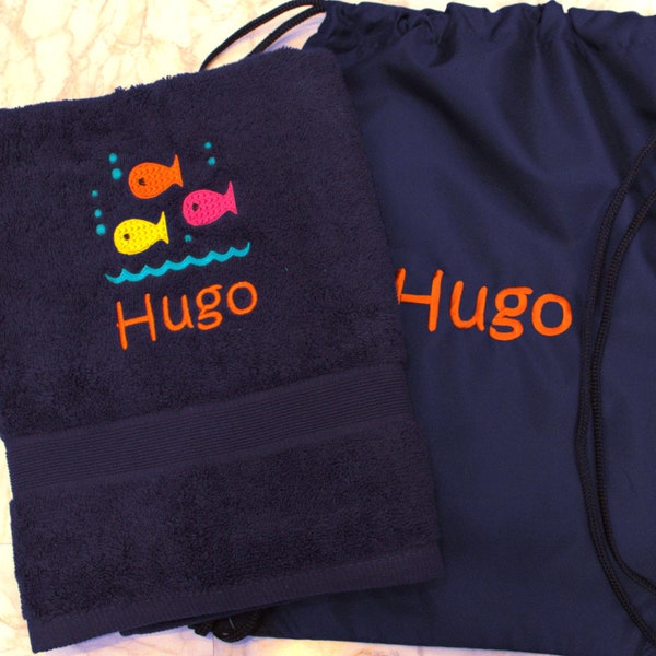 Kids Swim Towel and Drawstring Bag Set Personalised Embroidered Name on Sack and Fishes Towel Perfect for Swimming Lessons Beach or Holidays