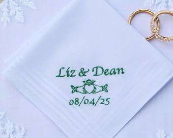 Personalised Irish Wedding Handkerchief: Celtic Claddagh Motif and Personalised Name or Date, Engagement Anniversary Ladies or Mens Hanky