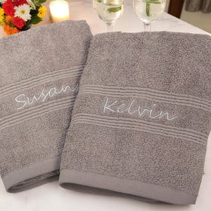 Embroidered Grey Hand Towels: Personalised Couples Jack and Jill Bathroom Gift Set