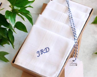 Five Mens Handkerchiefs: Personalised Embroidered Name or Initials, Gift Box Set of 5 Cotton Hankies, Birthday or Anniversary Gift