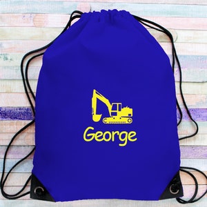 Personalised Digger Gym Bag - Kids Nylon Drawstring Sack, PE Swimming Sports Clubs
