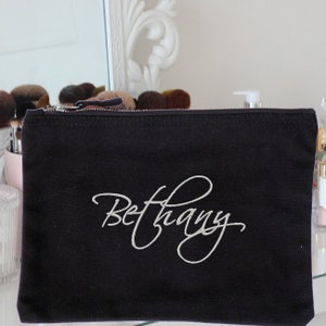 Personalised Black Canvas Makeup Bag: Embroidered Signature Accessories Case