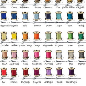 Puede incluir: Una tabla de colores de hilo para bordar con carretes de hilo en varios colores, incluyendo blanco, crema, marr&oacute;n, canela, marr&oacute;n, amarillo dorado, dorado oscuro, azul real, azul oscuro, azul, azul claro, azul marino, aguamarina, verde azulado, negro, amarillo claro, amarillo, naranja c&iacute;trico, naranja, menta, verde claro, lima, verde, melocot&oacute;n, rosa claro, rosa, rosa oscuro, rosa intenso, plateado, gris, gris oscuro, rojo, granate, burdeos, magenta, morado claro, morado y morado oscuro.