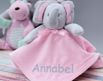 Personalised Pink Elephant Baby Comforter: Embroidered Name Taggy Blanket