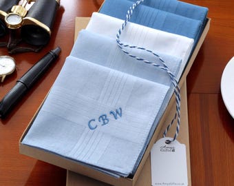 Five Mens Handkerchiefs Personalised Embroidered Name or Initials Gift Box Set 5 Blue and White Cotton Hankies Husband Fathers Birthday Gift