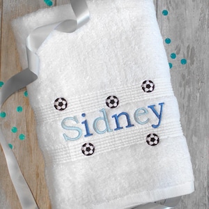 Personalised Kids Bath Towel with Little Football Embroideries and Childs Name - Boys Birthday or Xmas Gift in Choice of Towel Colour