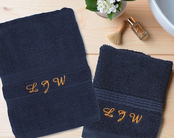 Personalised Navy Hand Towel and Face Flannel: Embroidered Cotton Gift Set