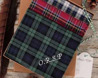 Three Mens Handkerchiefs with Personalised Embroidered Name or Initials Gift Box Set of 3 Tartan Hankies Birthday Christmas Gifts for Him