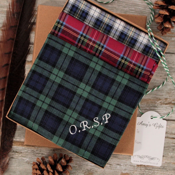 Three Mens Handkerchiefs with Personalised Embroidered Name or Initials Gift Box Set of 3 Tartan Hankies Birthday Christmas Gifts for Him