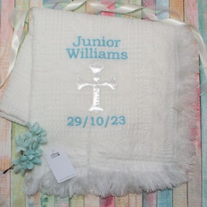 Personalised Baby Shawl Embroidered Christening Shawl Blanket with White Satin Cross Newborn Babies Naming or Dedication Day - Boys Gift