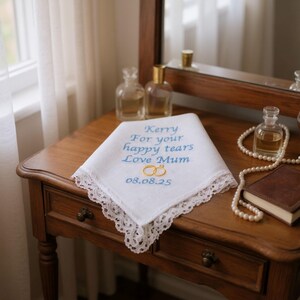 Ladies Embroidered Handkerchief: Special Message Wedding Rings Lace Hanky