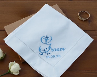 Groom's Something Blue Linen Handkerchief: Embroidered Wedding Keepsake Boxed Gift