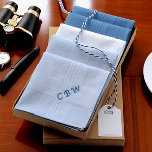 Five Mens Handkerchiefs Personalised Embroidered Name or Initials Gift Box Set 5 Blue and White Cotton Hankies Husband Fathers Birthday Gift