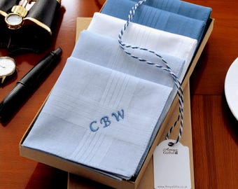 Fünf Herren Taschentücher Personalisierte gestickte Name oder Initialen Geschenk Box Set 5 Blau und Weiß Baumwolle Taschentücher Mann Väter Geburtstagsgeschenk