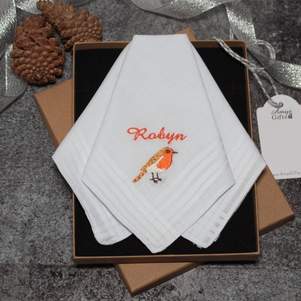 Personalised Handkerchiefs with Robin Embroidery - Boxed Gift Set of 3 Hankies for Men Women or Children Cute Robin Bird Birthday Gift