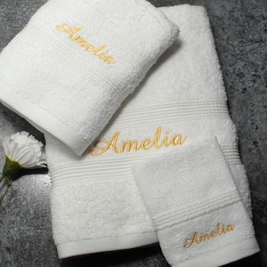Personalised Towels Set Embroidered Name - White Cotton Bath Towel, Hand Towel and Face Cloth Bale Set - Birthday or Christmas Gifts