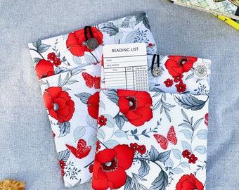Handmade Poppies & Butterflies Book Sleeve | Floral Book Pouch with Pocket