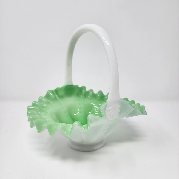 Fenton Green Overlay Beaded Melon Basket