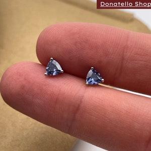 Italian 925 Sterling Silver Triangle Cut Genuine Tanzanite Studs Earrings UNISEX