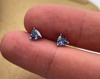 Italian 925 Sterling Silver Triangle Cut Genuine Tanzanite Studs Earrings UNISEX