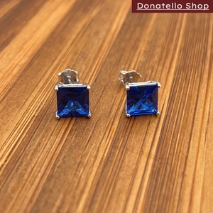 925 Sterling Silver Square Cut Created Sapphire Studs Earrings Unisex Earrings