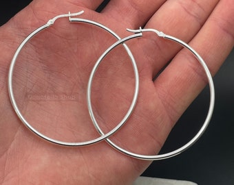 Pendientes de aro grandes de plata de ley de 55 mm para mujer.
