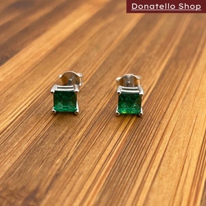 Italian 925 Sterling Silver Square Cut Created Emerald Studs Earrings UNISEX
