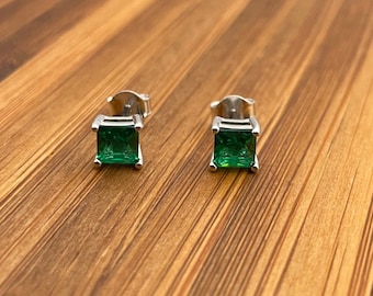 Italian 925 Sterling Silver Square Cut Created Emerald Studs Earrings UNISEX