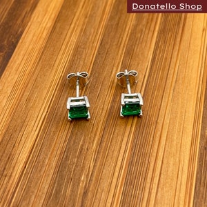 925 Sterling Silver Square Cut Created Emerald Studs Earrings Unisex Earrings