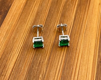 925 Sterling Silver Square Cut Genuine Emerald Studs Earrings Unisex Earrings