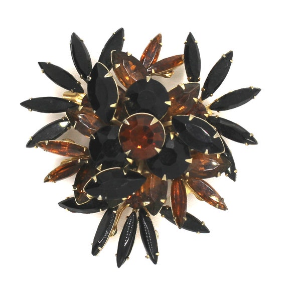 Vintage Signed Judy Lee Amber & Black Marquis Rhinestone Brooch Jewelry  Pin Prong Setting