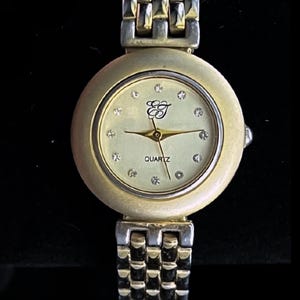 Vintage Elegant EJ Gold Tone Quartz Analog Ladies Watch with Rhinestone Markers: Classic Retro Jewelry Collection | Japan | Stainless Steel