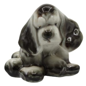 Vintage Small Ceramic Basset Hound Puppy Figurine: Sad-Eyed Charm | Black & White | Collectible Dogs | Vintage Decor
