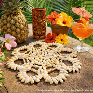 Vintage Hawaiian Cowrie Shell Trivet 10”: Boho Island | Coastal Decor | Plant Base Coaster | Tiki Table | Beach House Style | Ocean Inspired