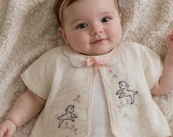 Vintage Embroidered Baby Cardigan: Little Lamb Floral Design | Flannel Bed Jacket | Retro Photo Prop | Cozy Babywear | Handmade Clothing