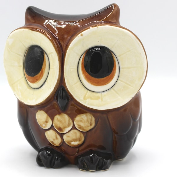 Vintage 1960s Norcrest Brown Owl Piggy Bank: Made in Japan | Ceramic Pottery | Large Eyes | Collectible | Coin Bank | Original Black Stopper