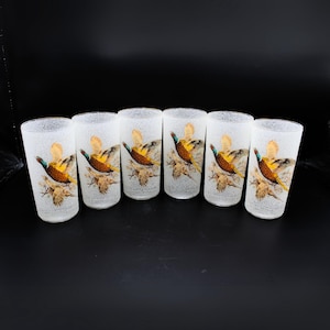 Vintage Highball Glasses with Pheasant Design Set of 6: West Virginia Glass | Textured Pebble Glass | Retro Mid-Century Barware | Tumblers