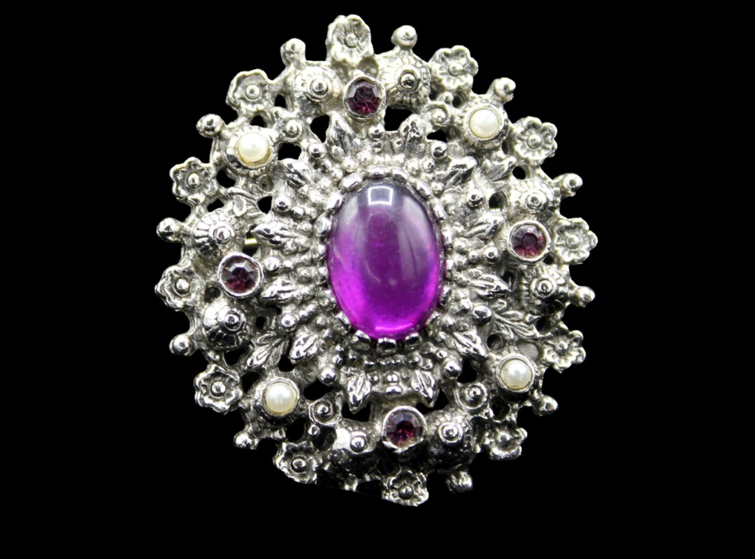 Broche Vintage Argent Avec Cristal Améthyste Et Cabochon Bleu - Bijou Rétro, Occasion