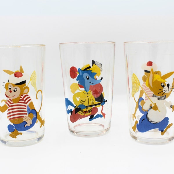 Vintage 1960s Arcoroc France Anthropomorphic Children's Cartoon Drinking Glasses: Monkey Rabbit Duck Fox | Set of 3 | Painted Clear Glass
