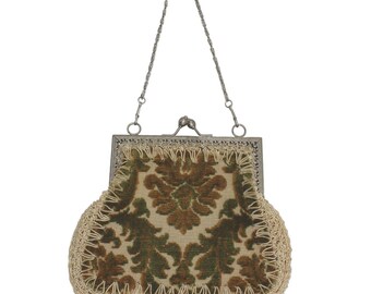 Vintage Italian Tapestry Handbag: Mister Simon Ernest Purse | Boho Chic Accessory, Woven Fabric | Macrame Trim | Kiss Lock | Classic Fashion