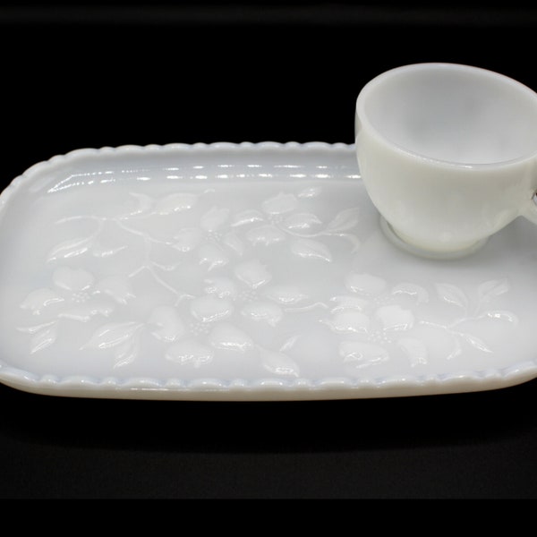 Vintage Hazel Atlas Dogwood Milk Glass Luncheon Set: Milk Glass Plate and Cup | Elegant Mid-Century Collectibles in Excellent Condition