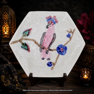 Antique William Brownfield Majolica Plate: Pink Cockatoo | Animal Bird Decor | Victorian England | Raised Relief | Collectible Hexagon Shape