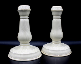 Vintage Mikasa Tivoli Tapered Candle Holders: Ivory Porcelain | Gold Trim | Basket Weave Design at Base | Set of 2 Candlesticks
