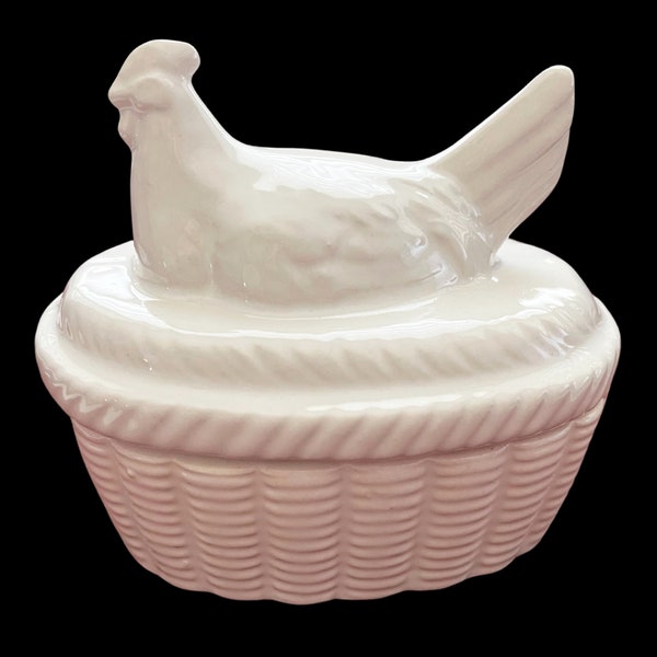 Vintage Small White Ceramic HON Hen on Nest Trinket Dish: Lidded Box | Made in Japan | Country Kitchen | Rustic Farmhouse | Chicken Décor |