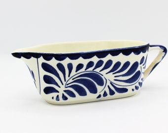 Vintage Ceramic Anfora Dinnerware Puebla Blue White Gravy Boat / Creamer: Made in Mexico | Mexican Pottery | Tableware | 8 oz Capacity
