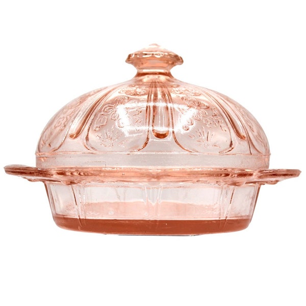Vintage 1970s Jeannette Glass Company Reproducción de vidrio de depresión Flor de cerezo rosa Patrón floral Tapa cubierta de cúpula Plato de caramelo