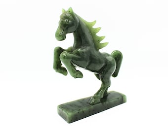 Vintage Hand Carved Green Nephrite Jade Rearing Horse Sculpture Figurine: 6" Height | Collectible Art Accent | Unique Decor